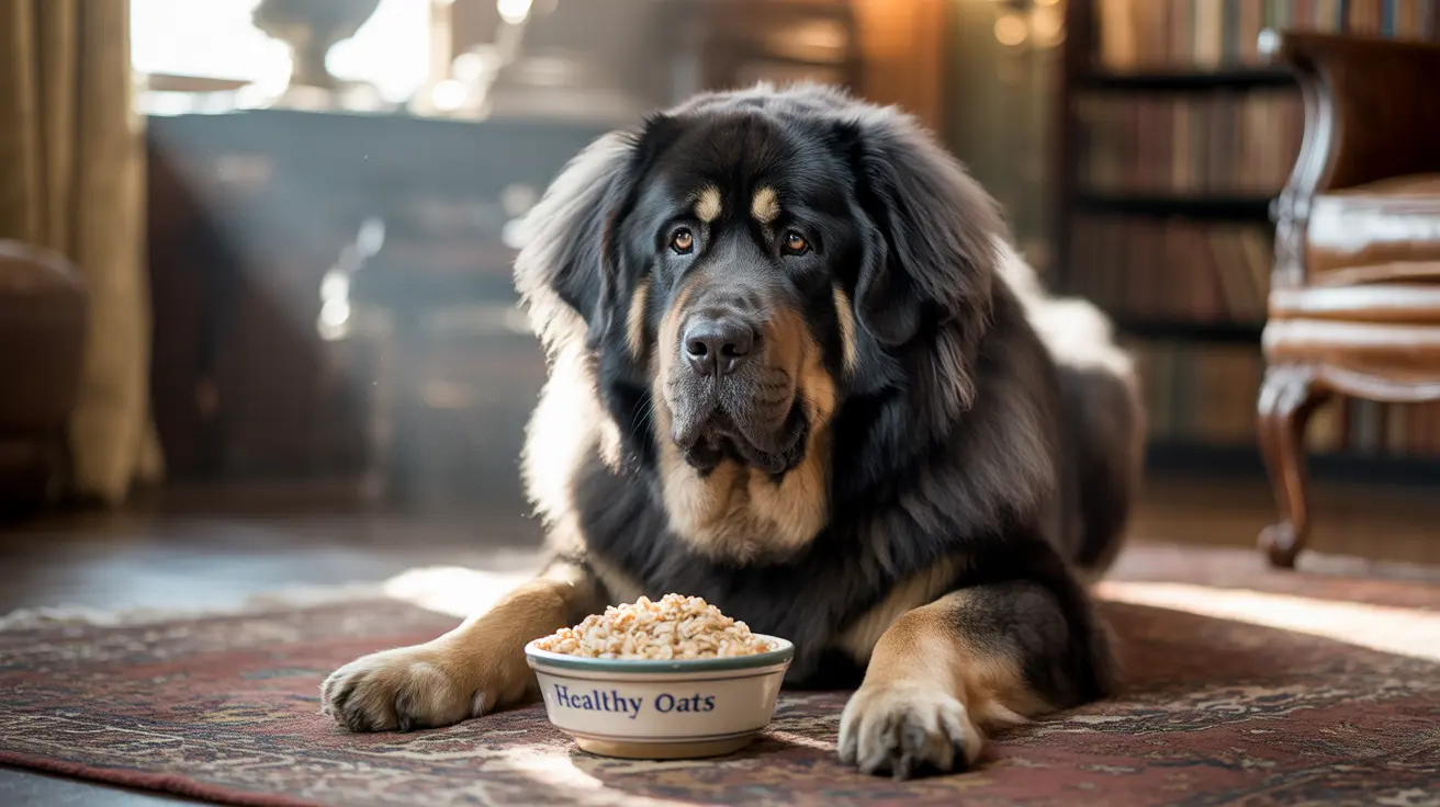 Un majestuoso mastín tibetano sentado junto a un tazón de avena en una acogedora habitación llena de libros.