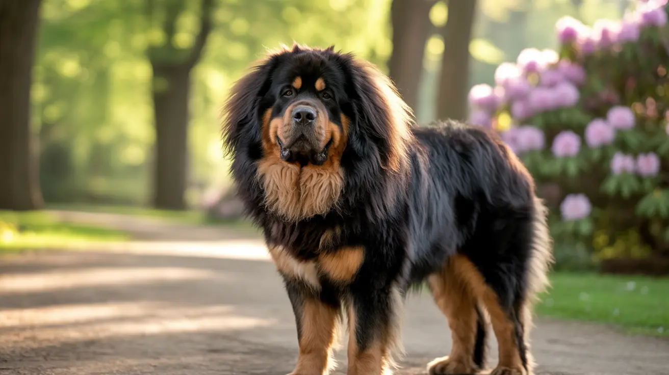 A majestic Tibetan Mastiff standing confidently on a garden path with flowering shrubs in the background