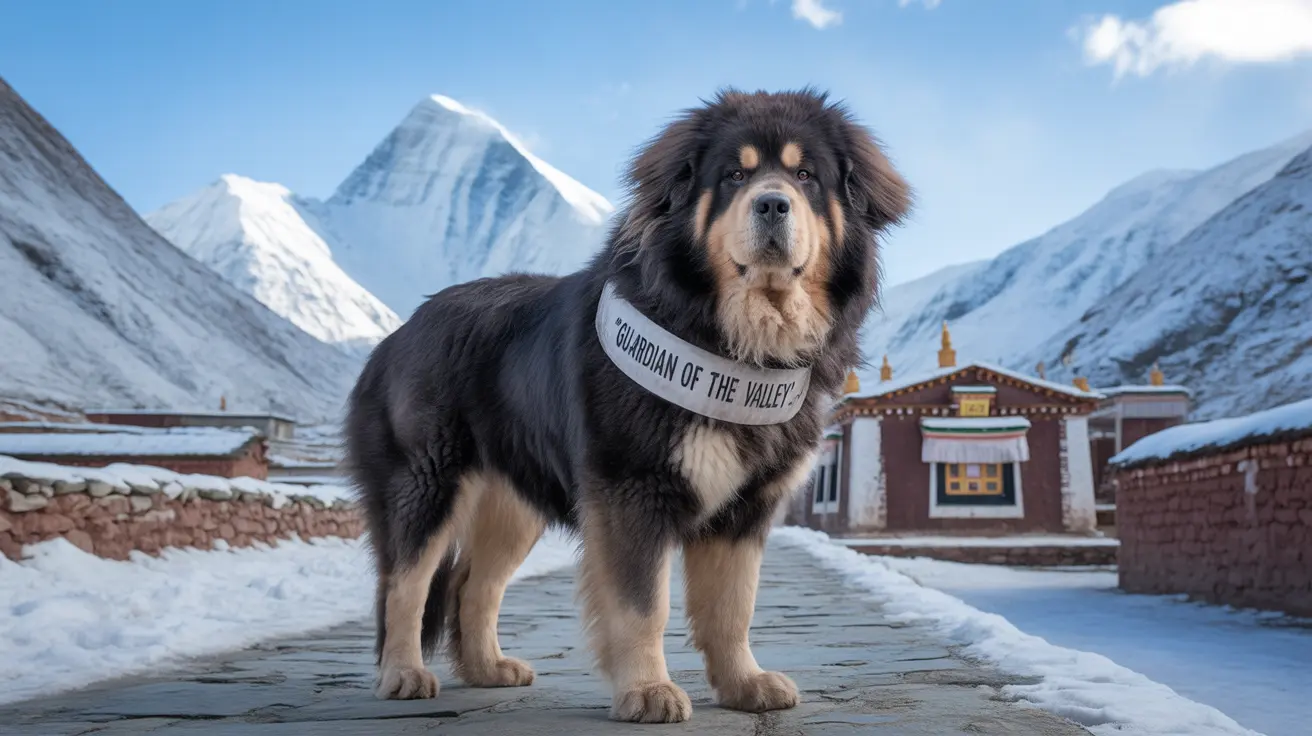 A majestic Tibetan Mastiff standing confidently in a snowy mountain village with a 'Guardian of the Valley' bandana.