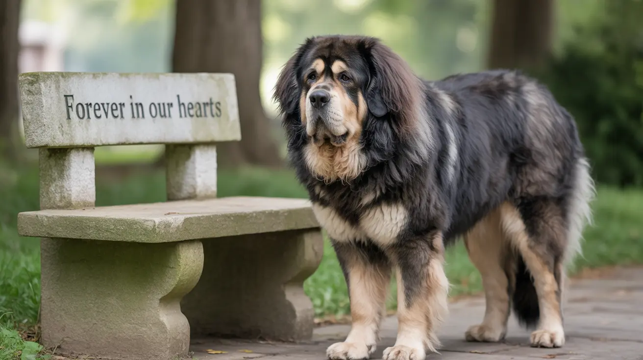 A majestic Tibetan Mastiff standing next to a memorial bench inscribed 'Forever in our hearts'