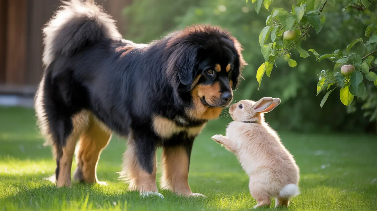 A large black and tan Tibetan Mastiff standing next to a small white rabbit in a lush green garden