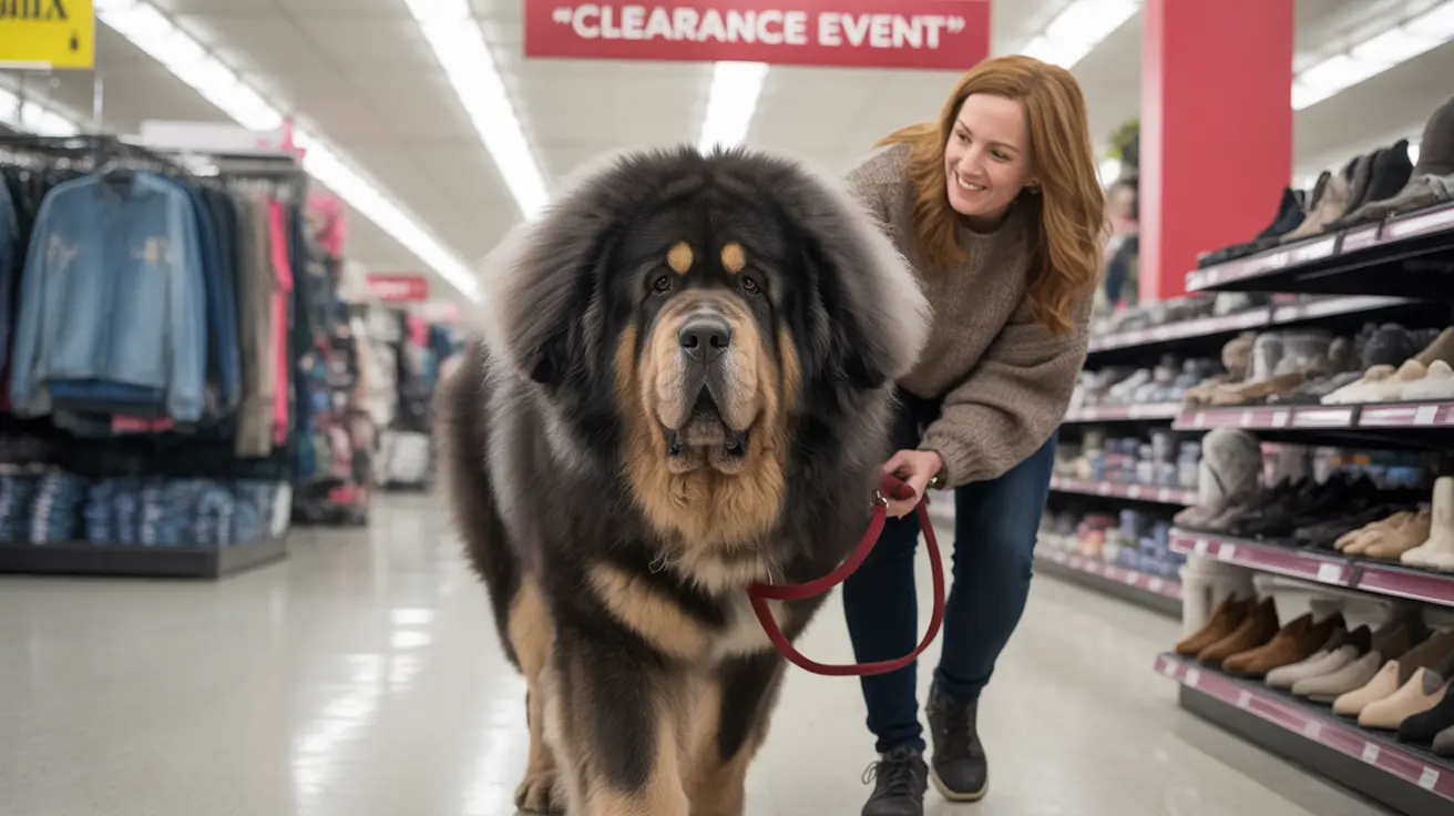 A massive Tibetan Mastiff walking on a leash through a retail store during a clearance event.