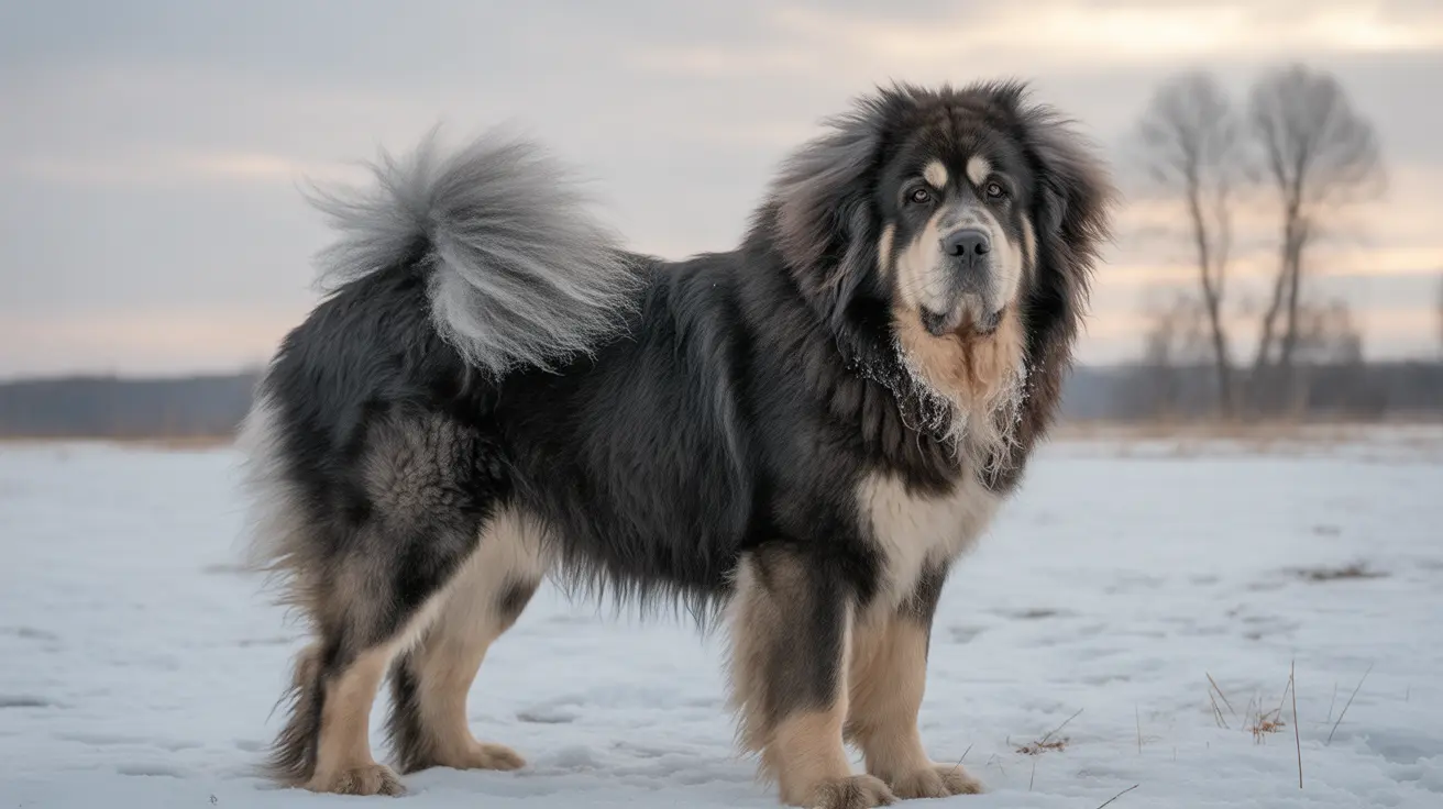 A majestic Tibetan Mastiff standing confidently in a snow-covered landscape at dawn or dusk.