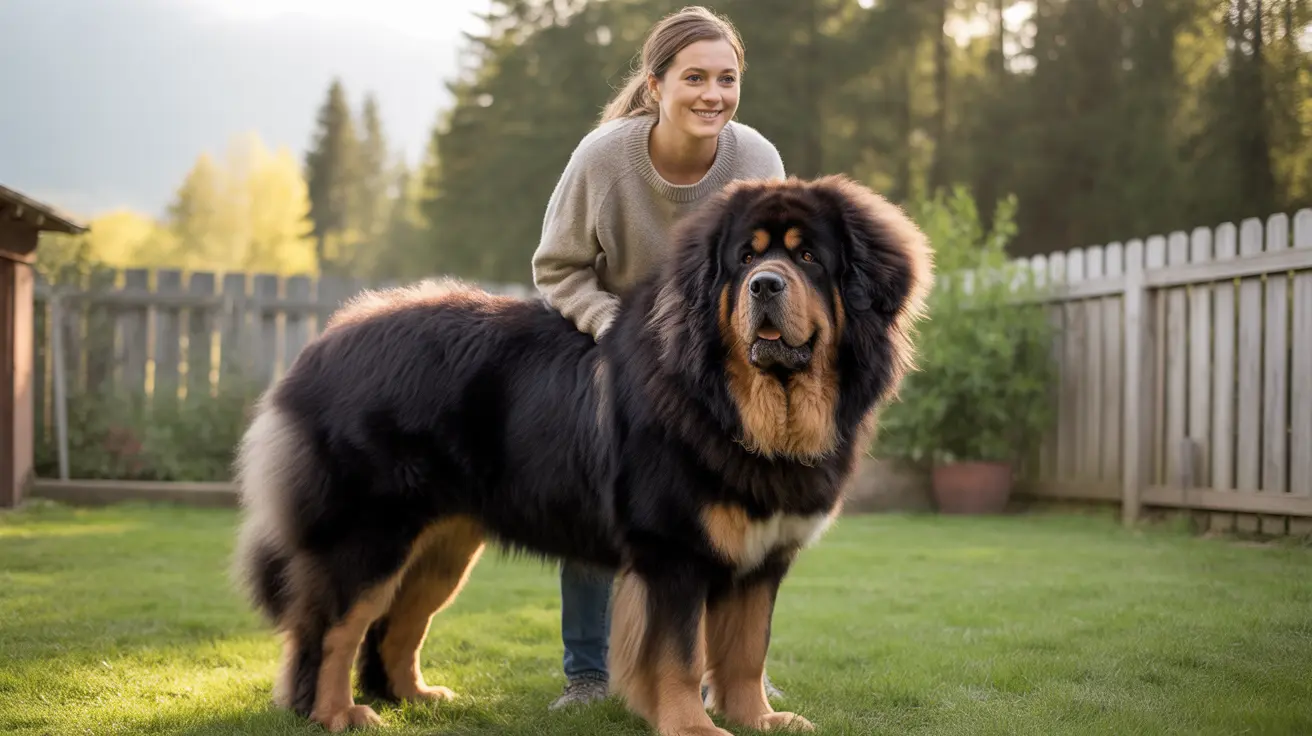 A large, majestic Tibetan Mastiff standing in a backyard with a smiling person behind it