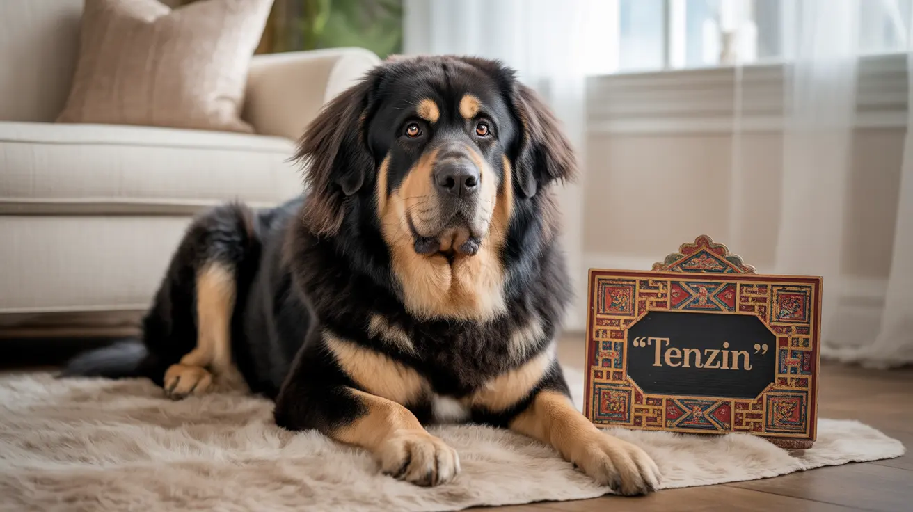 A large black and tan Tibetan Mastiff sitting on a fur rug next to a decorative name sign that reads 'Tenzin'