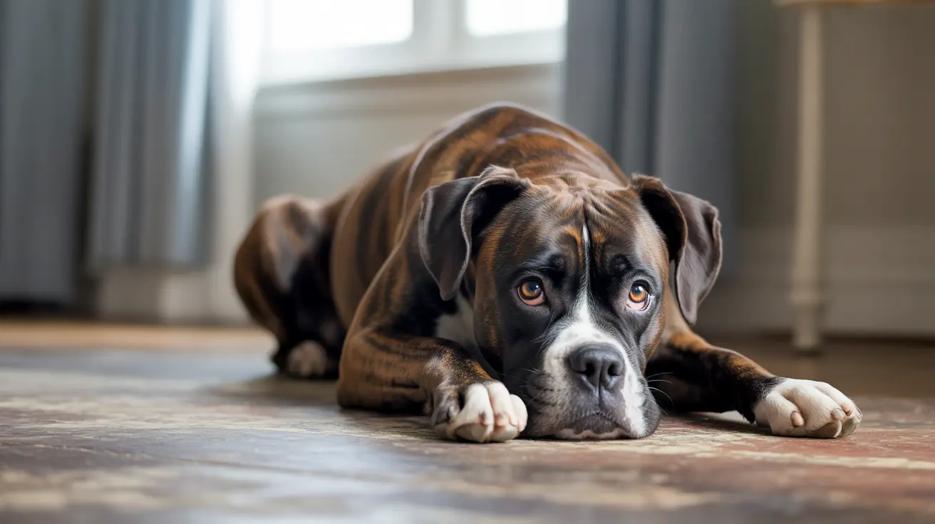 Tired-looking Boxer dog lying quietly on a wooden floor near a window with a contemplative expression