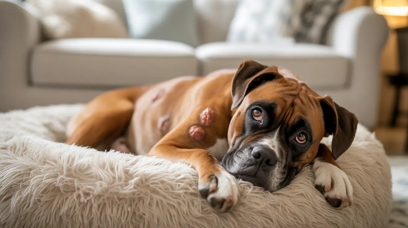A tired Boxer dog resting on a soft, furry white pet bed with visible skin growths