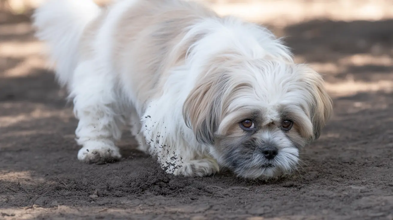 A tired Shih Tzu dog on dirty ground.