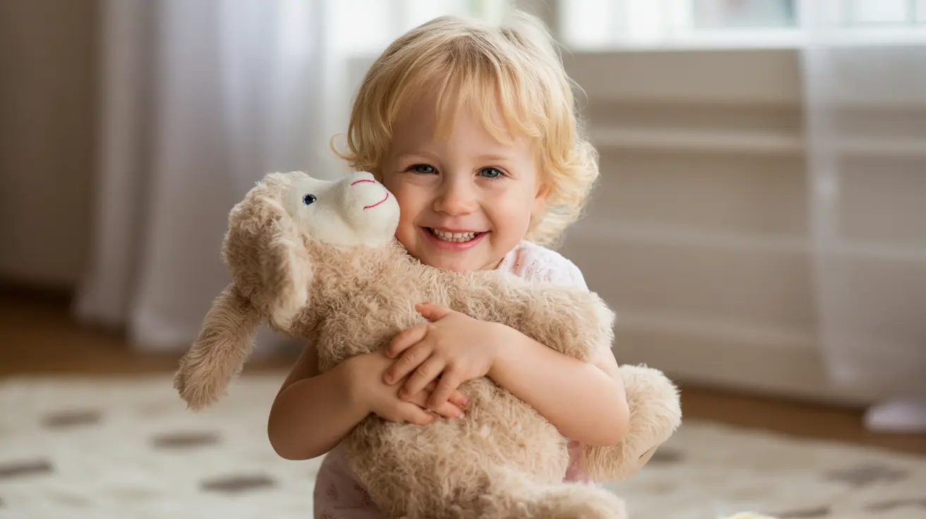 明るい屋内の環境で、若いブロンドの子供がぬいぐるみを抱きしめている