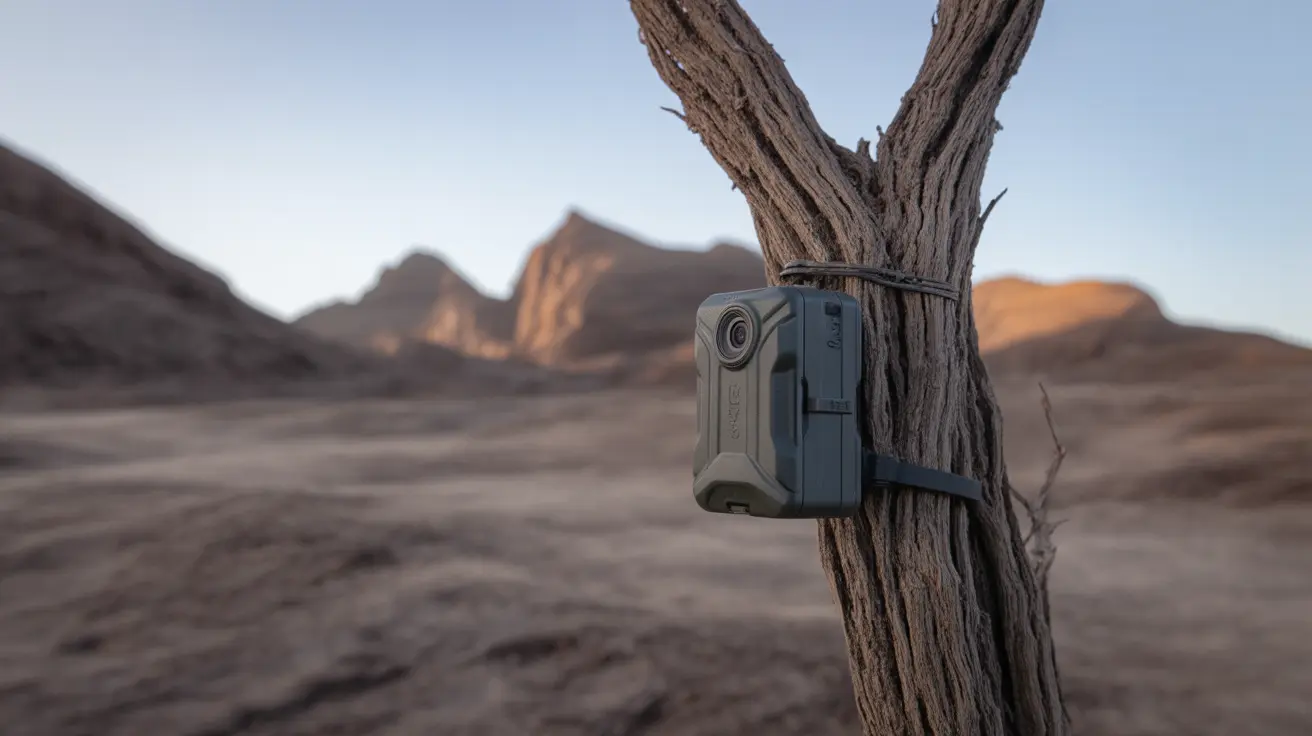 Trail camera mounted on a tree in a remote mountainous area