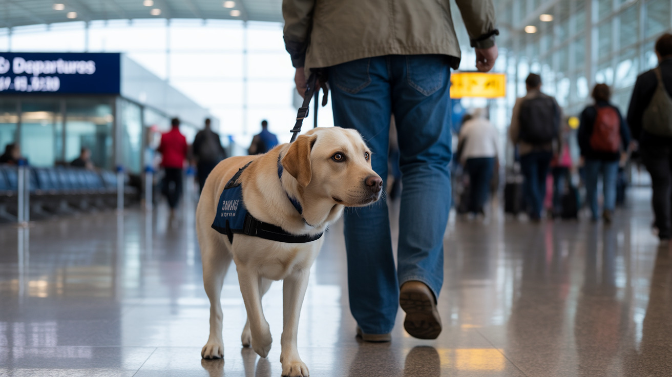 Service dog wearing a vest assisting a person in a public setting