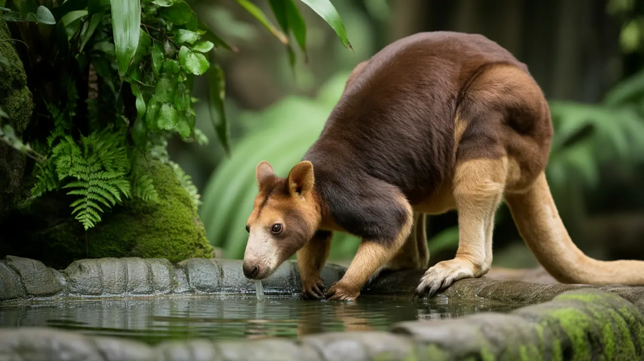 Un canguro arborícola bebiendo agua de un pequeño estanque mientras está sobre un borde de piedra en un entorno tropical exuberante.
