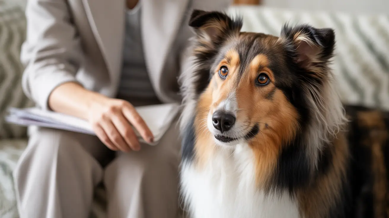 三色の毛色を持つ美しいラフ・コリーが、紙を持った白い服を着た人のそばで静かに座っている屋内の様子