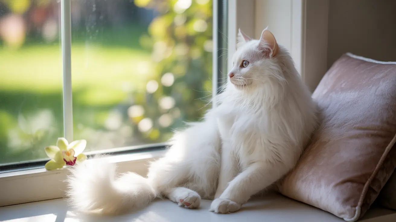 A pristine white, long-haired cat sitting elegantly by a window with soft natural light and a yellow orchid nearby.