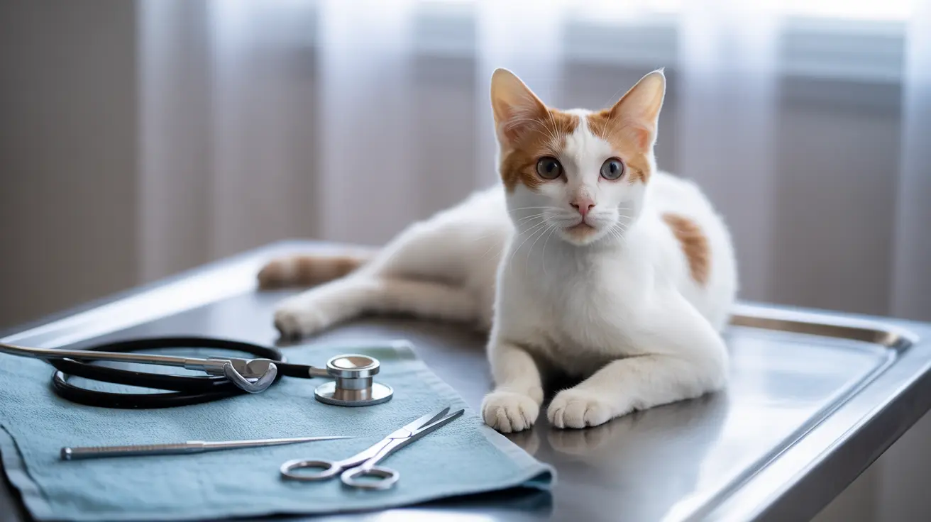 A white and orange Turkish Van cat on a medical table with instruments