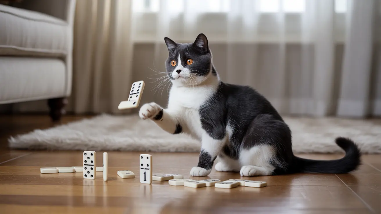 A black and white cat playfully interacting with domino tiles on a wooden floor