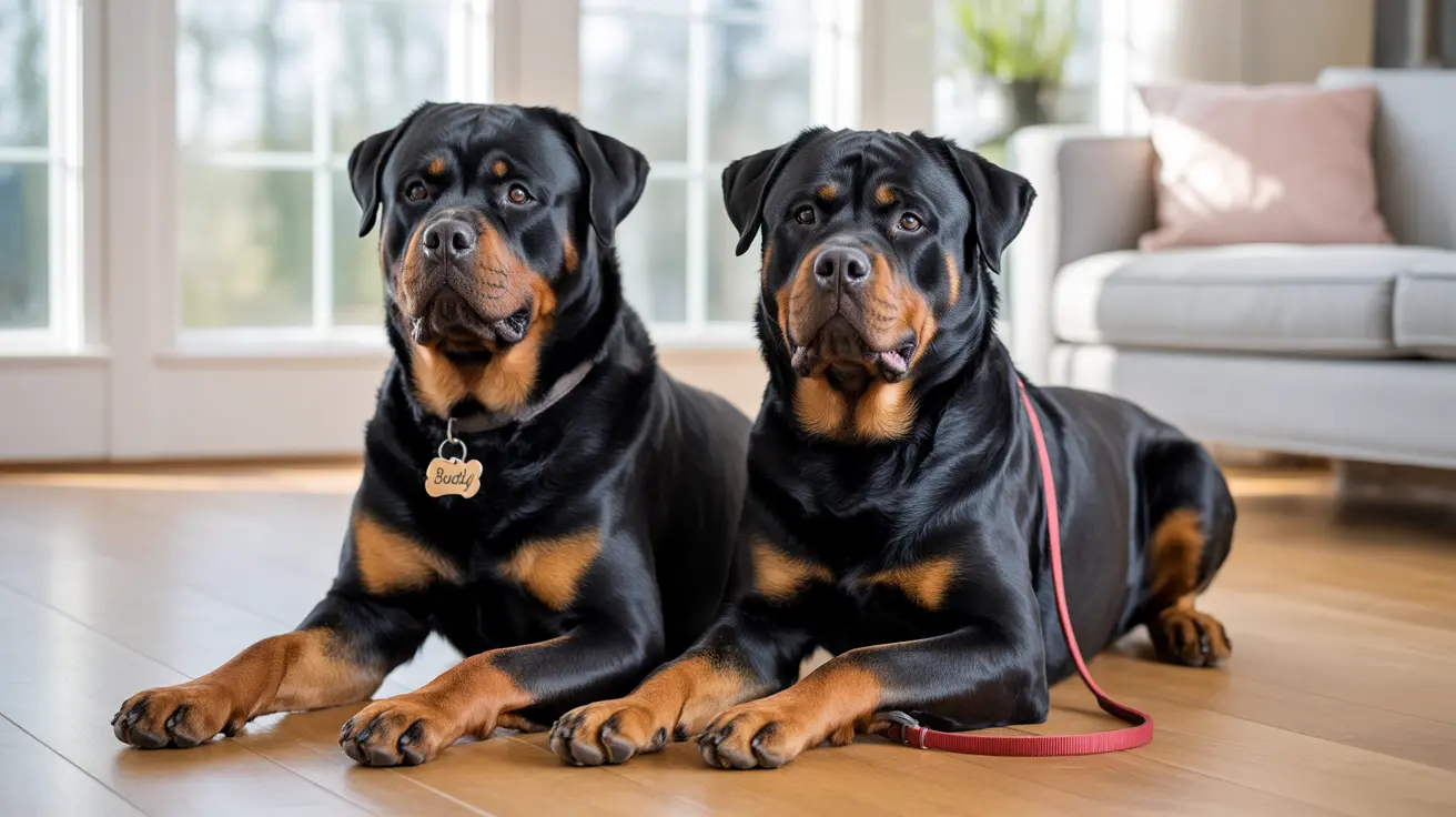 Two adult Rottweilers sitting side by side on a wooden floor in a bright, modern living room.