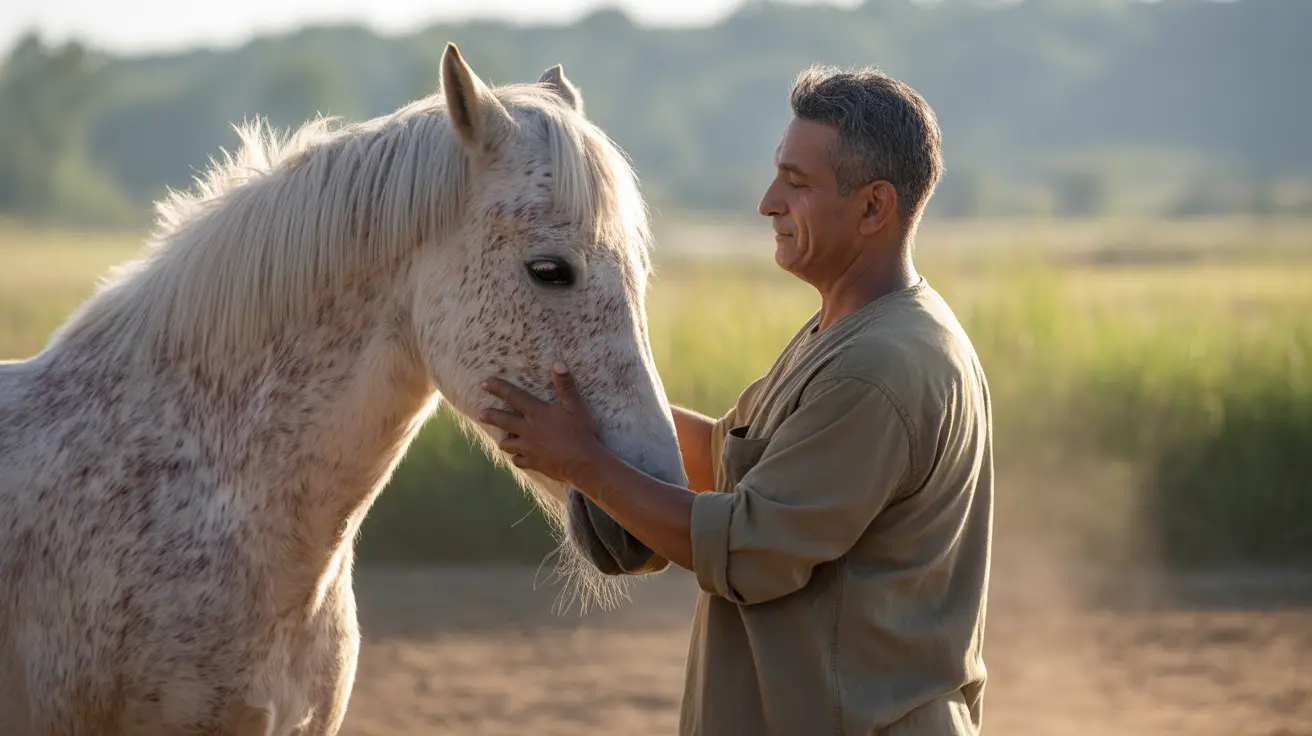 田舎の屋外で白い斑点のある馬に優しく触れ、絆を深めている男性