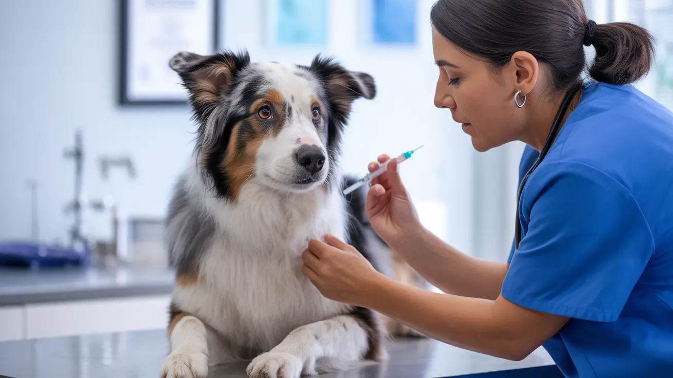 Veterinary professional preparing to vaccinate a calm Australian Shepherd in a clinic