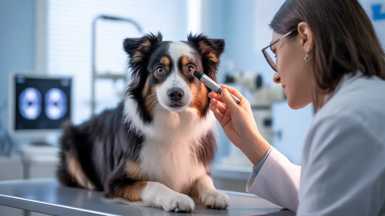A veterinarian examining an Australian Shepherd's eye during a medical checkup