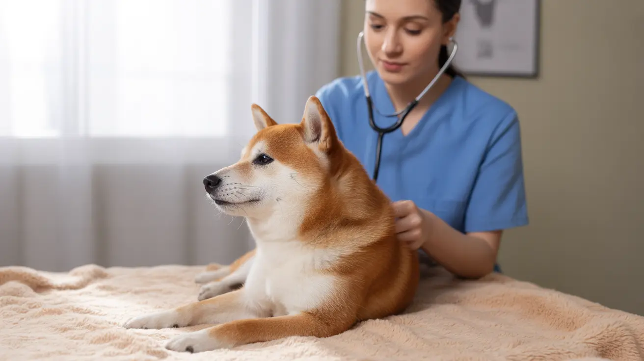 A veterinarian examining a calm Shiba Inu dog during a medical checkup