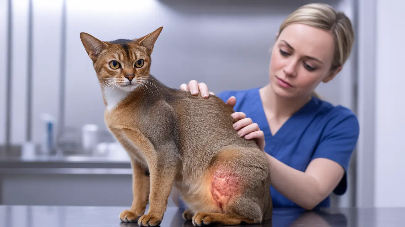 A veterinarian examining a cat with a visible skin irritation or wound on its side