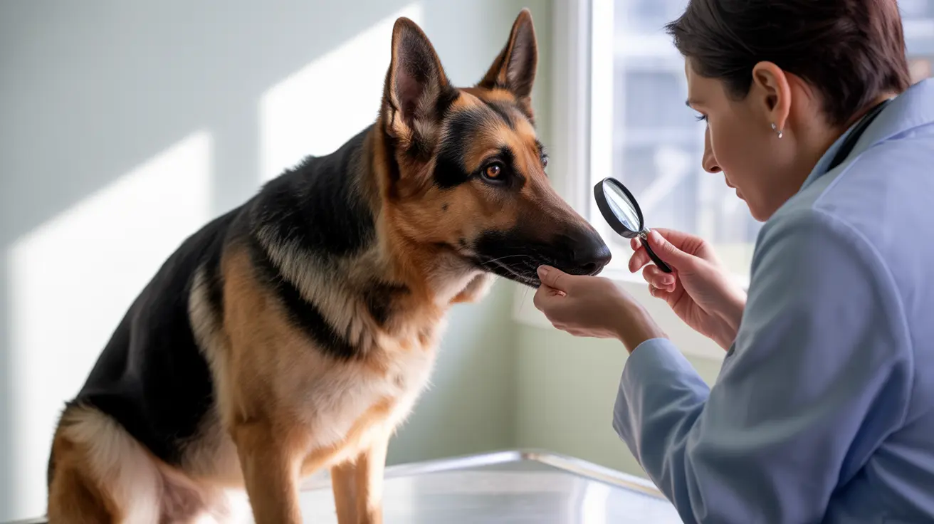 A veterinarian examining a German Shepherd's face using a magnifying glass during a check-up