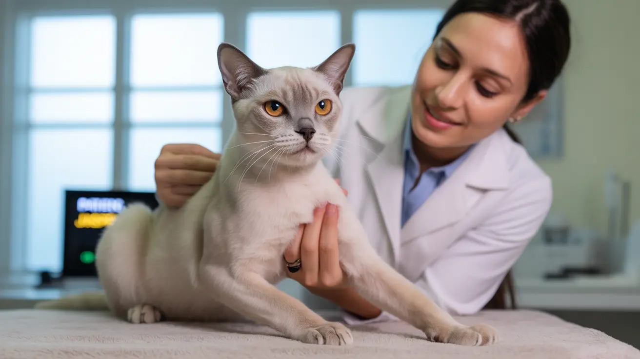 A veterinarian examining a pale Siamese cat during a medical checkup
