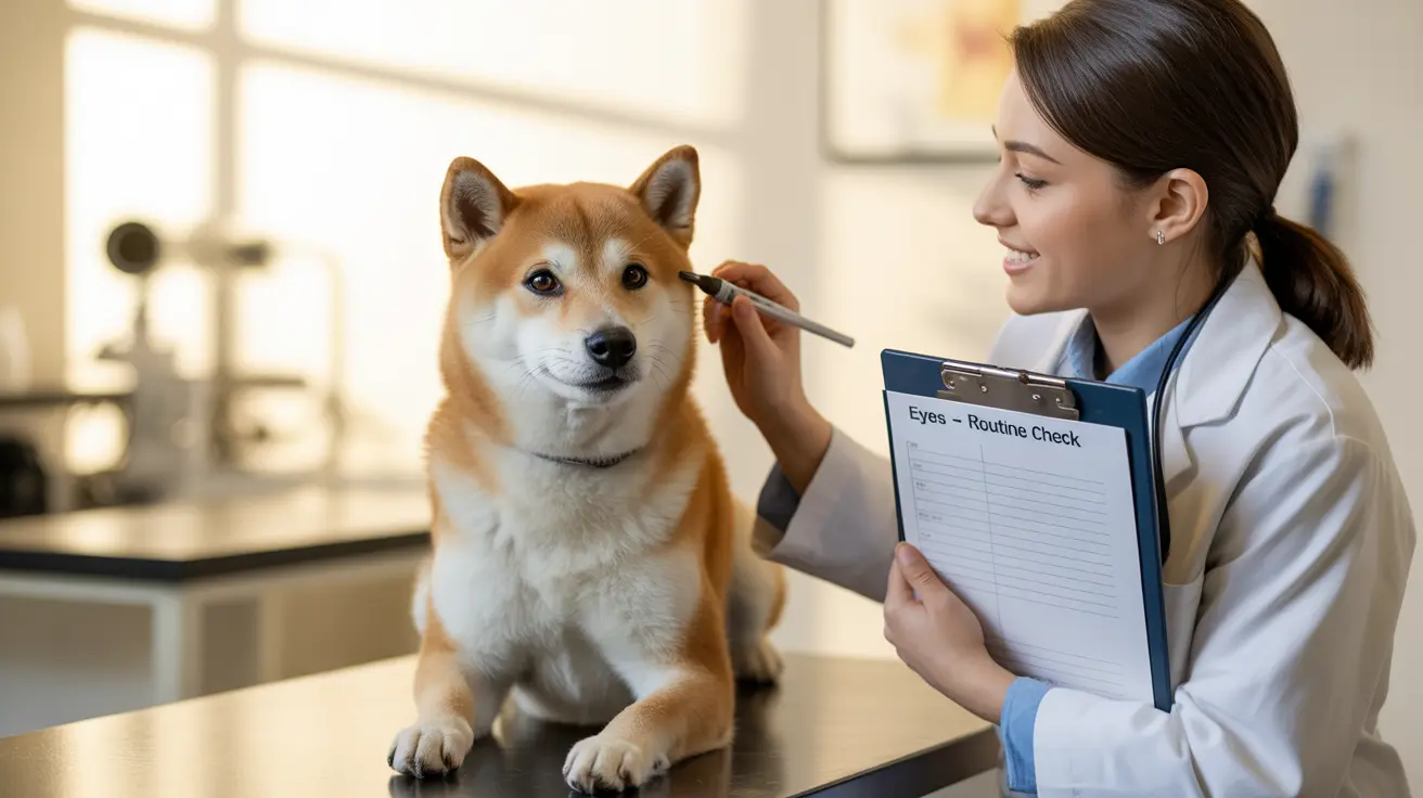 獣医師が落ち着いた柴犬にクリニックで定期的な眼科検査を行っている様子