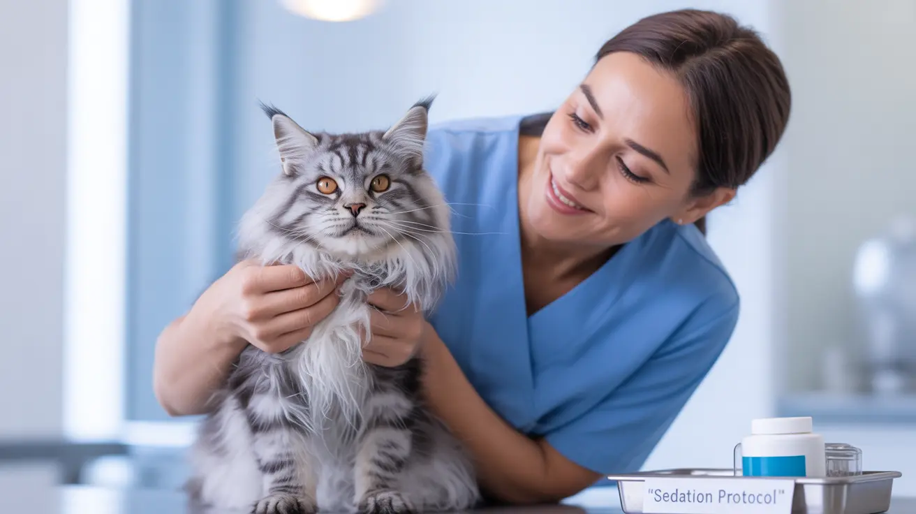 Veterinary professional holding a large, fluffy gray and white Maine Coon cat during an examination