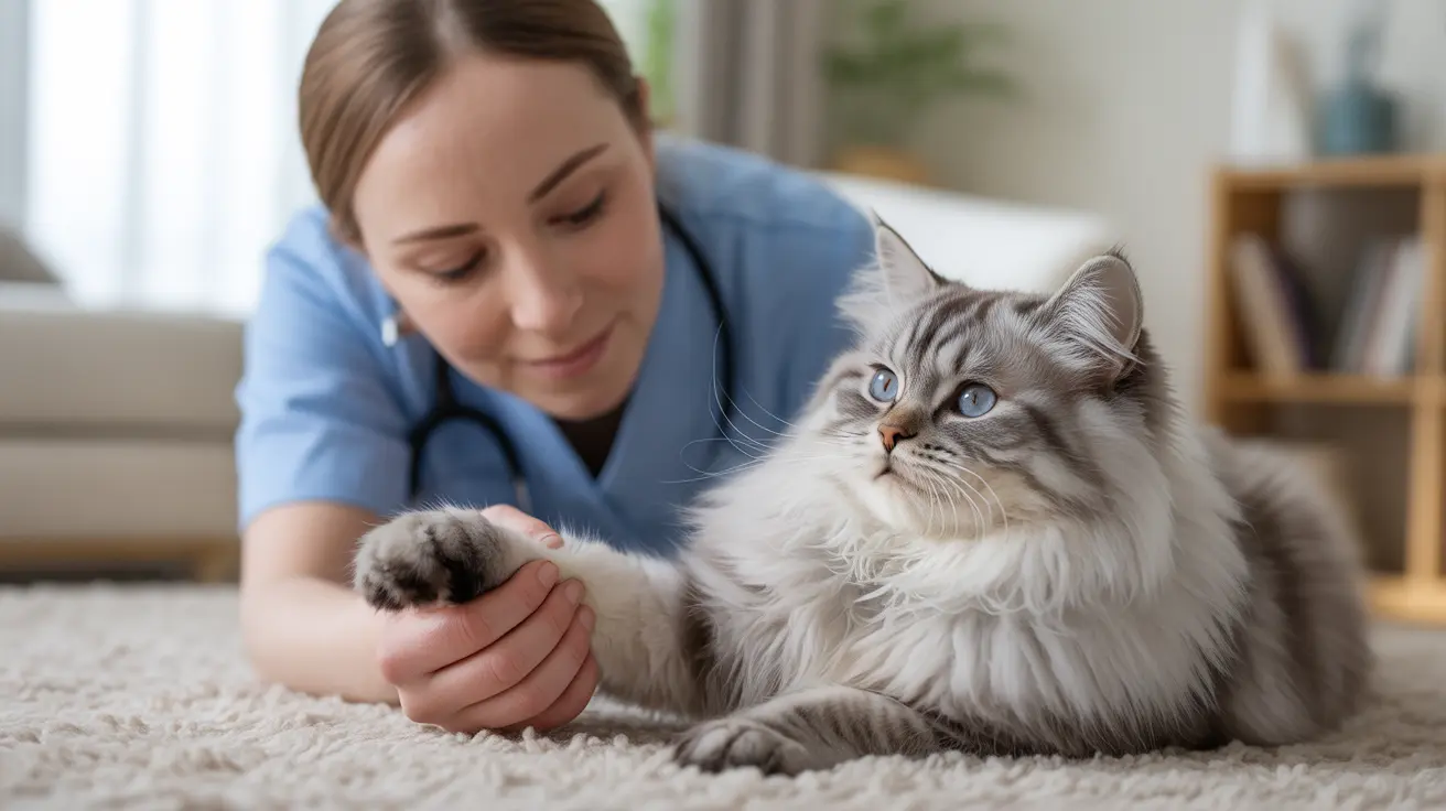 A veterinarian gently holding a fluffy gray and white Siberian cat's paw during an examination