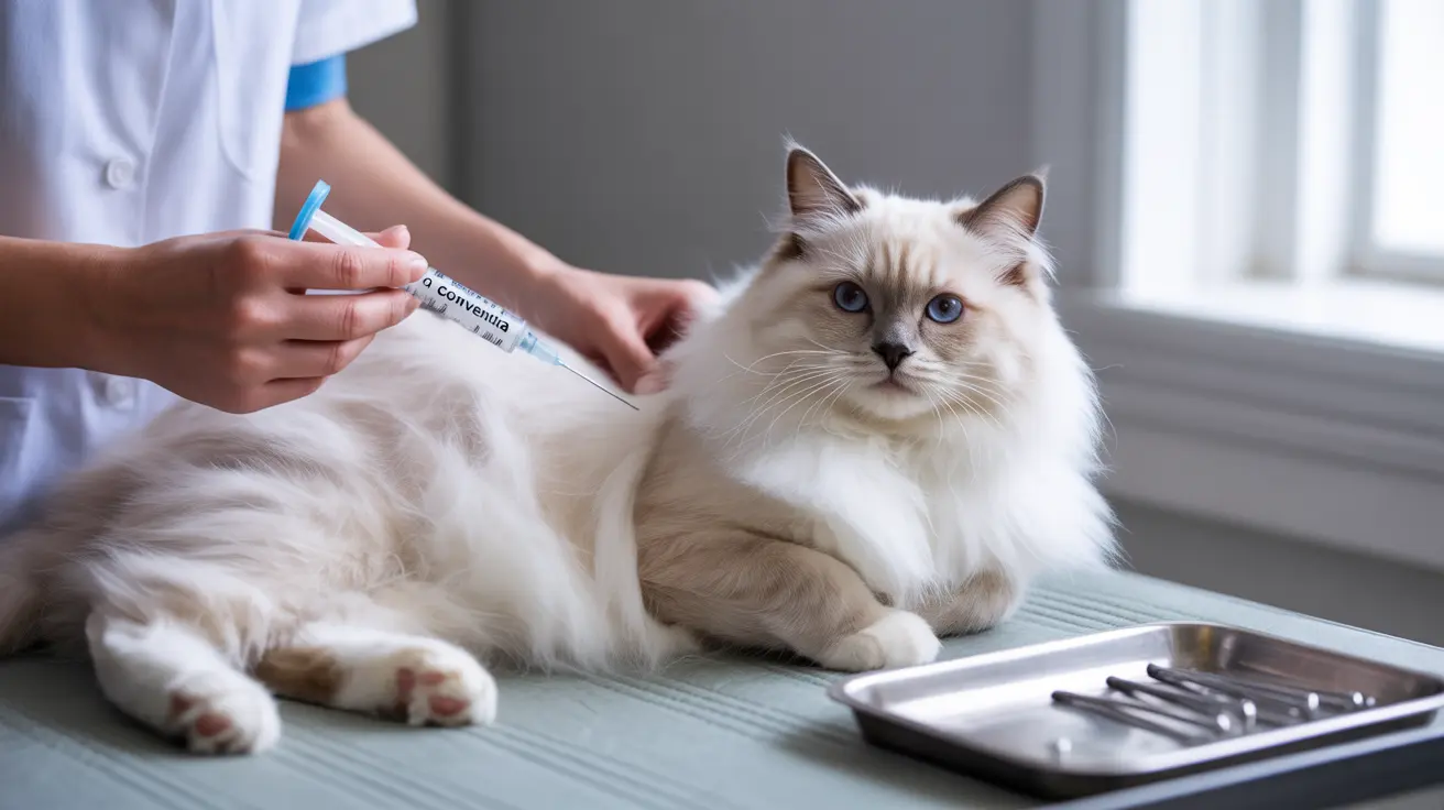 Veterinary professional administering an injection to a fluffy white Ragdoll cat in a clinical setting