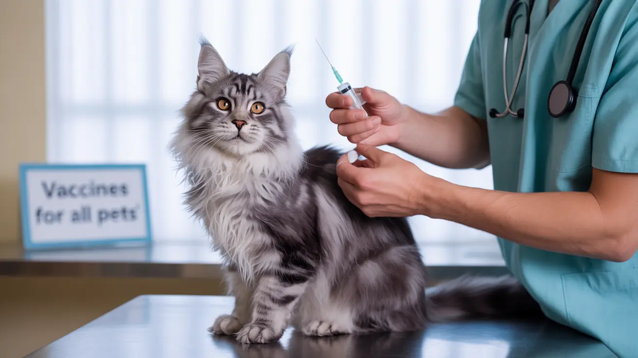 臨床環境でふわふわした灰色と白のメインクーン猫にワクチンを投与しようと準備している獣医師
