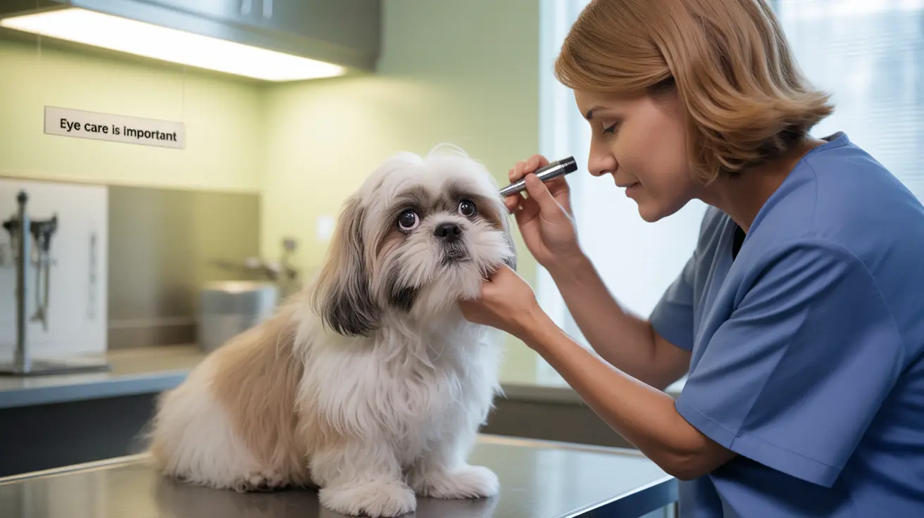A veterinary professional examining a Shih Tzu's eyes during a medical checkup