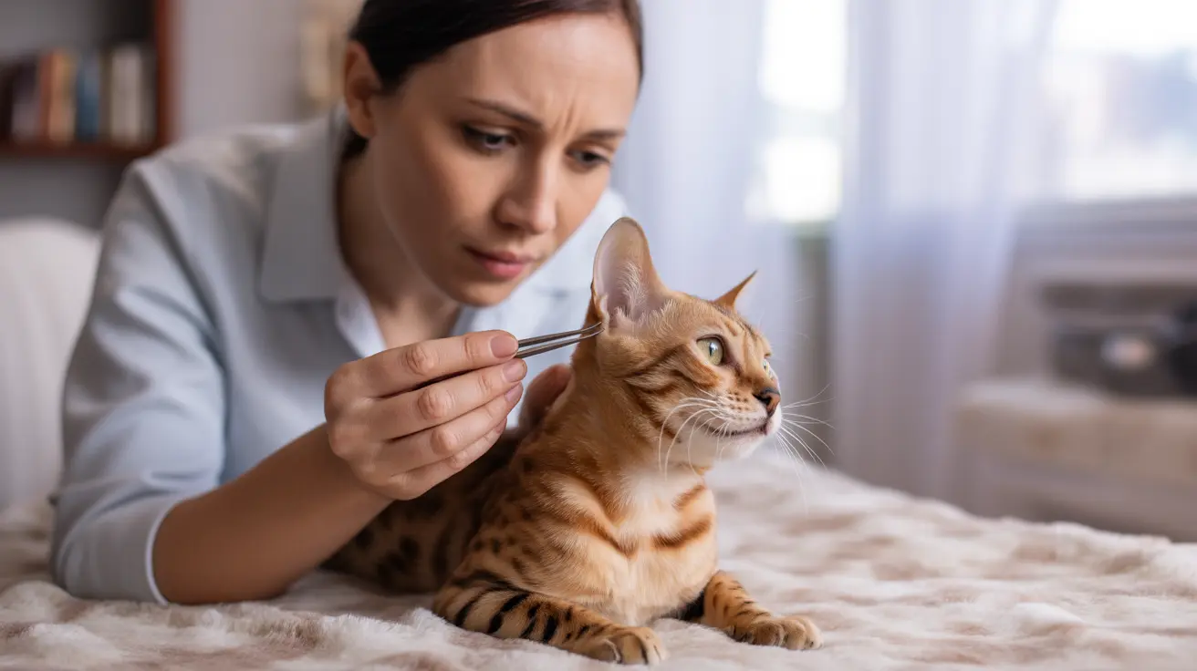Veterinary professional examining a Bengal cat with tweezers in a home setting