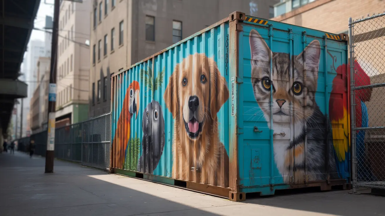 Artistic mural on shipping-container buildings at West Columbia Gorge Humane Society Washougal animal shelter