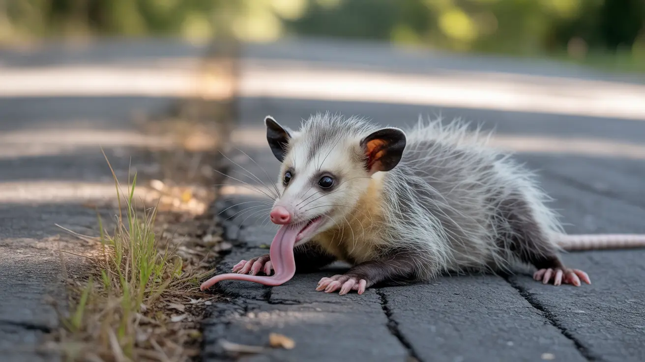An opossum demonstrating thanatosis by playing dead in natural surroundings