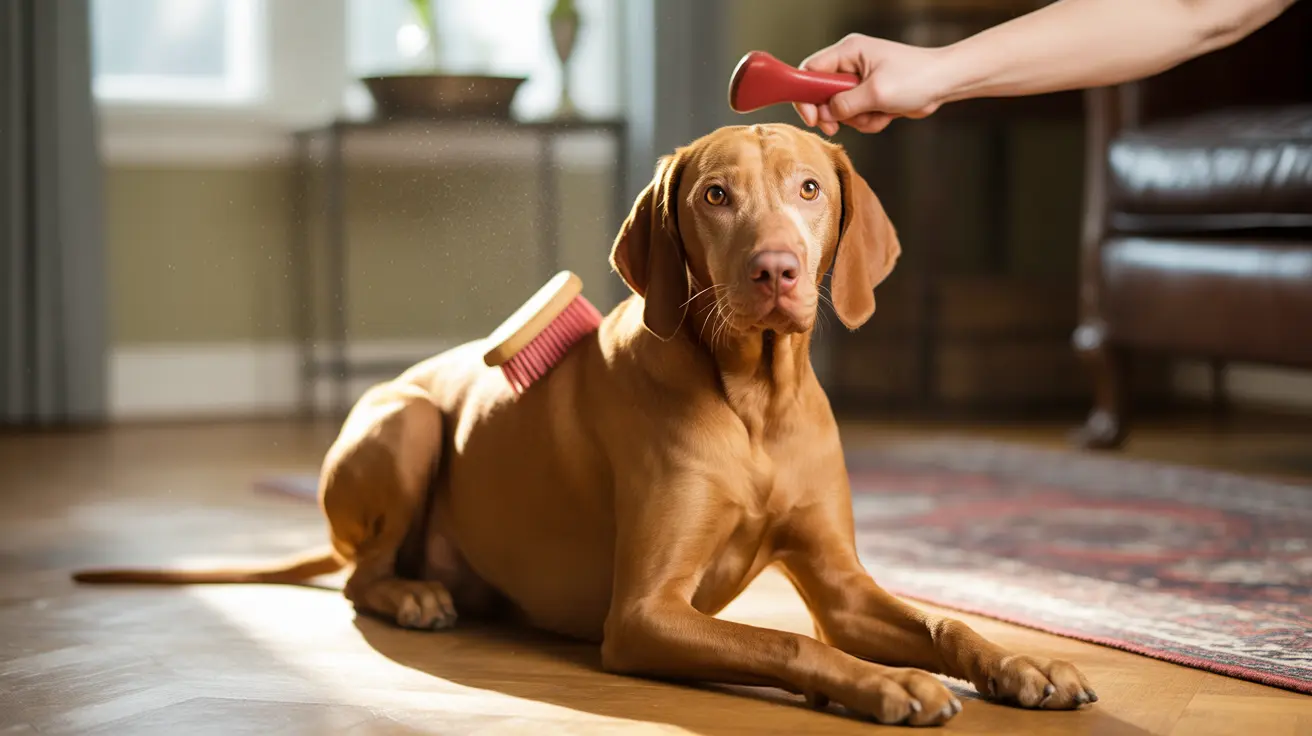 A golden-colored Vizsla dog being brushed and groomed indoors