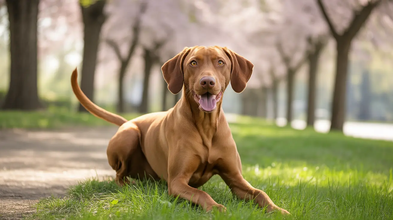 A happy Vizsla dog sitting on grass in a park with cherry blossom trees in the background