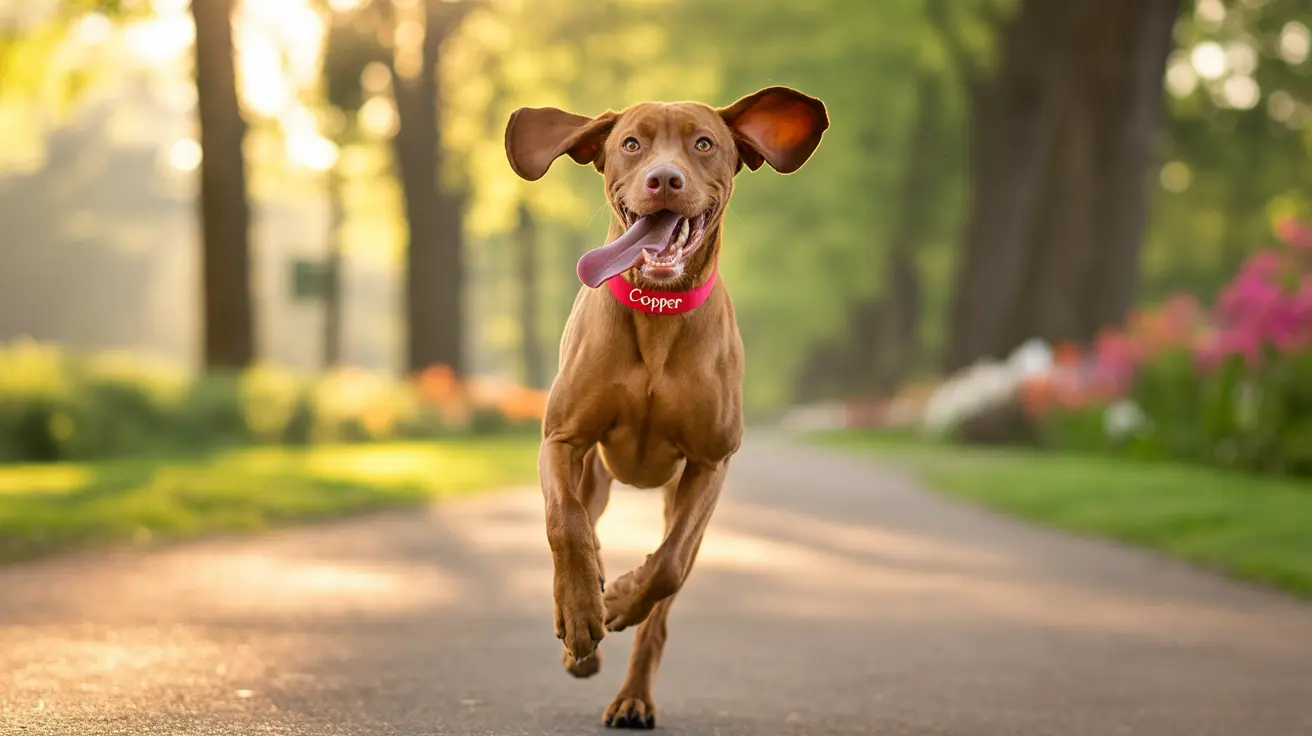An energetic Vizsla dog running down a tree-lined path with a joyful expression and flapping ears.