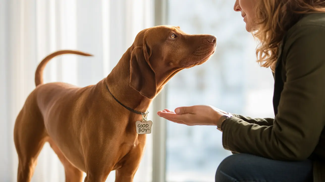 Un perro Vizsla y su dueño disfrutan de un momento cálido y afectuoso juntos cerca de una ventana.