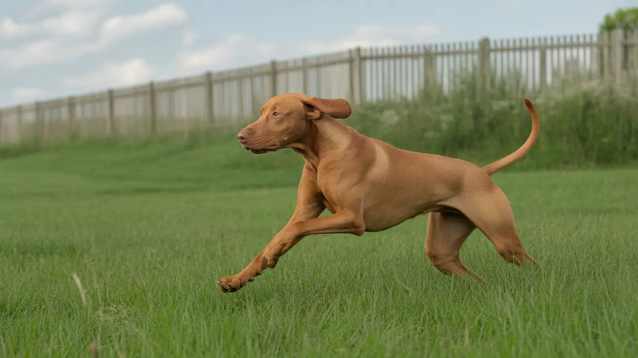 A muscular, golden-brown Vizsla dog running dynamically across a green grassy field
