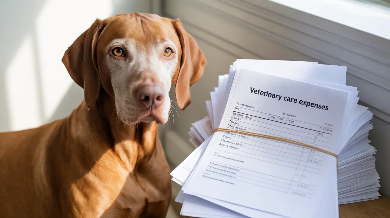 Golden-brown Vizsla dog sitting next to veterinary care documents