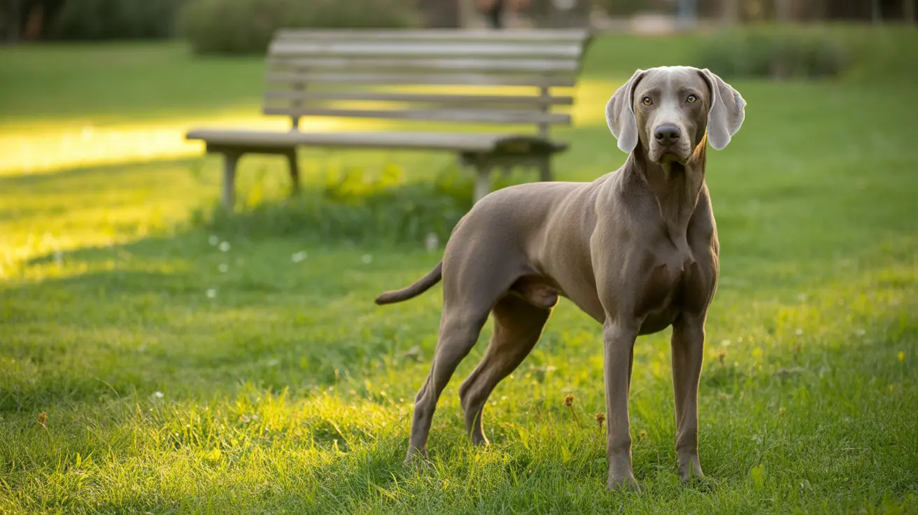 Un Weimaraner elegante y musculoso de pie y alerta sobre un césped, con un banco de madera en el fondo.