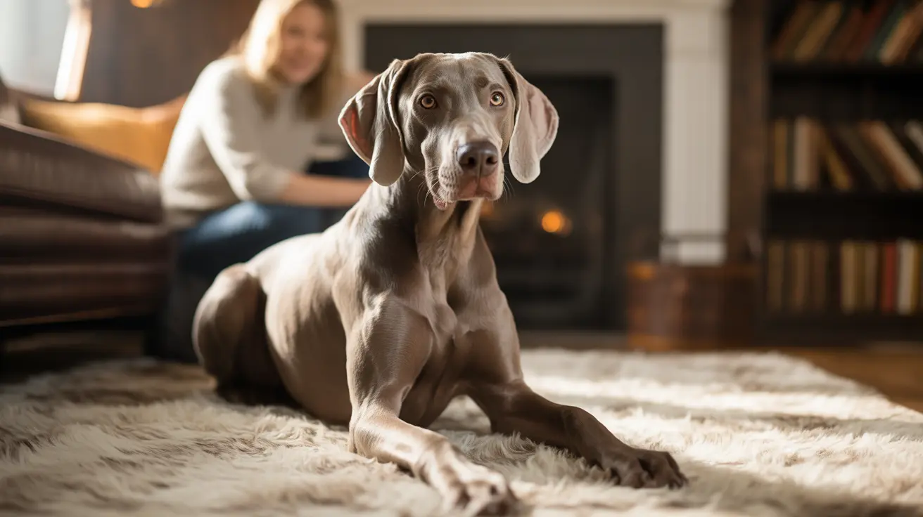 A regal Weimaraner dog sitting attentively on a furry white rug in front of a fireplace