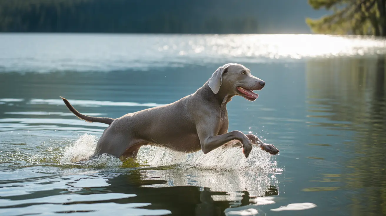 A gray Weimaraner dog leaping dynamically through lake water with splashing droplets around its body.