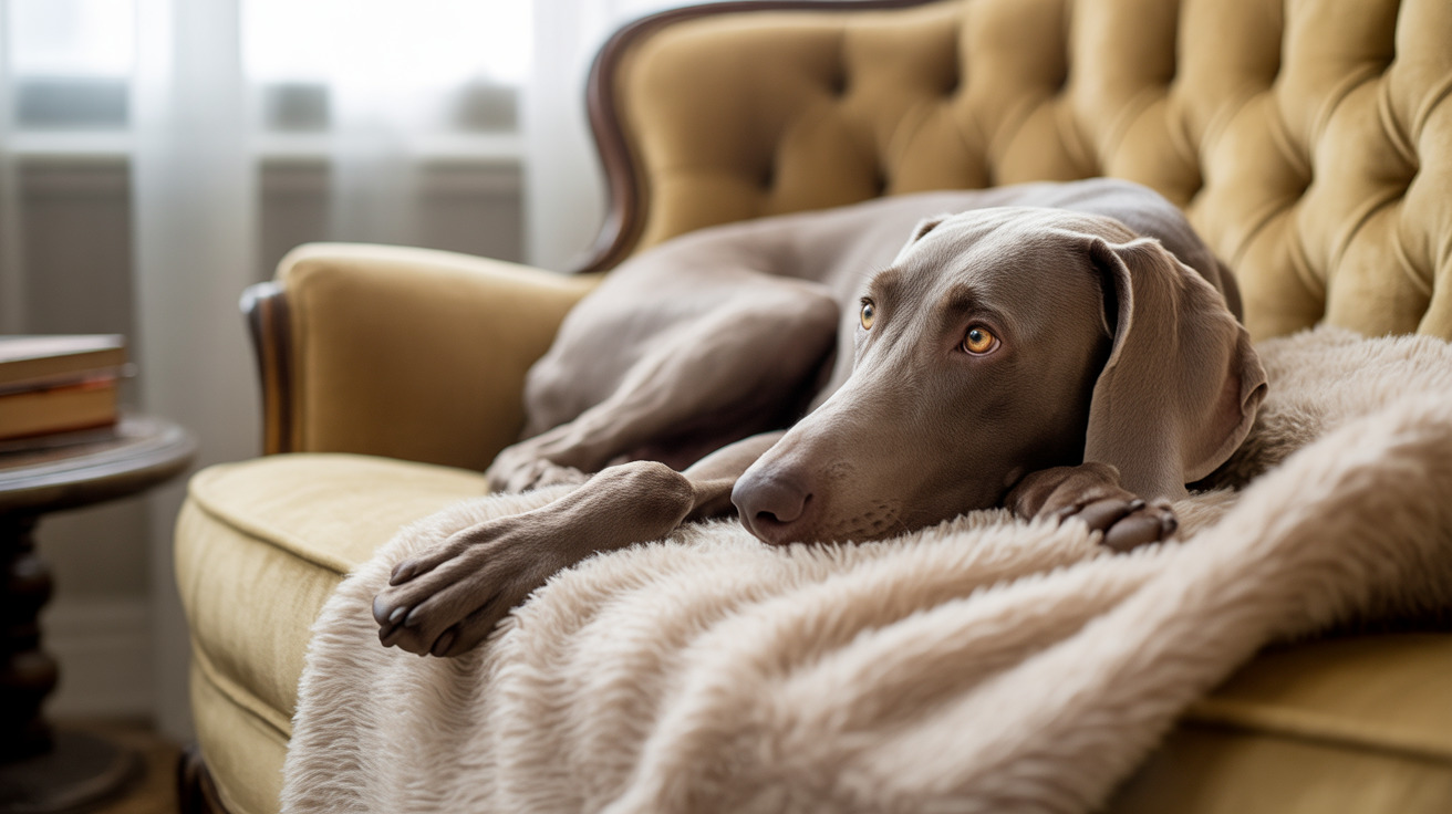 A gray Weimaraner dog resting on a yellow armchair with a cream blanket