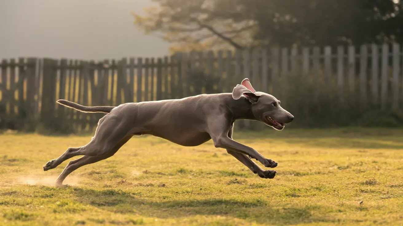 A gray Weimaraner dog running at full speed across a grassy backyard