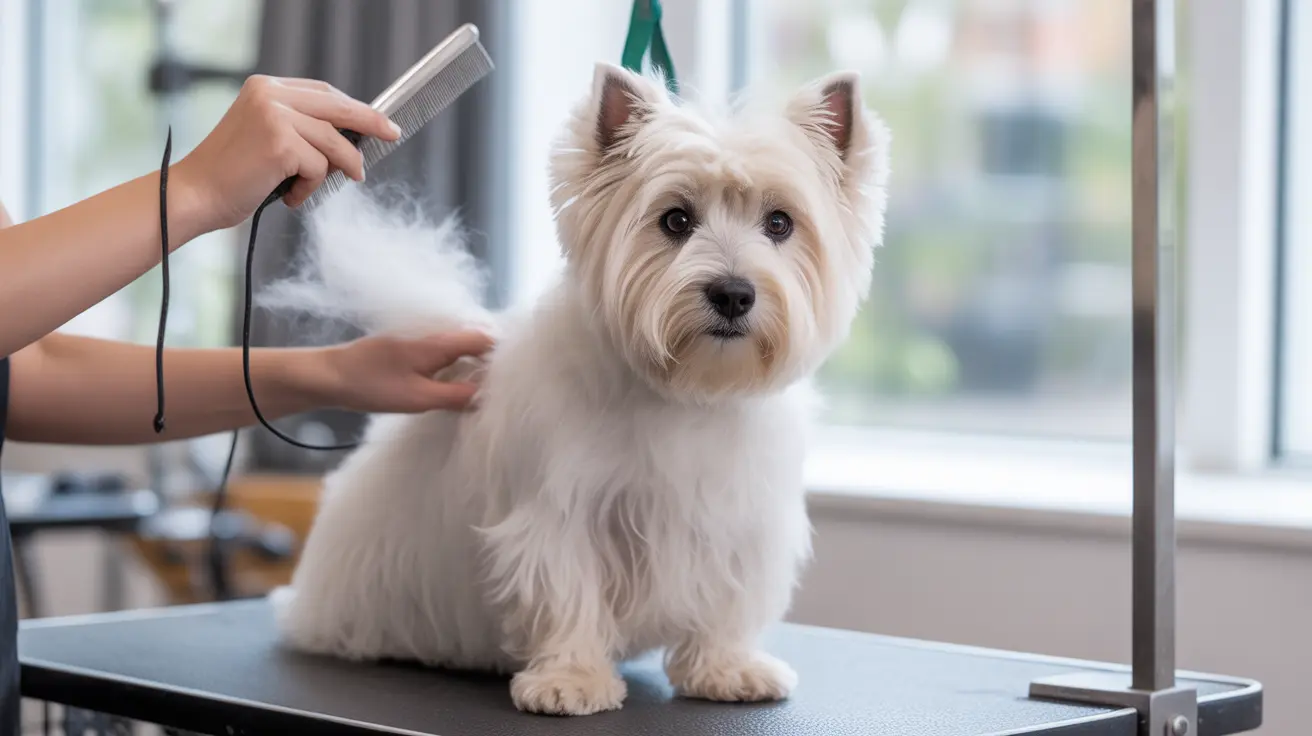 A fluffy white Westie being groomed on a professional grooming table with a handheld clipper or comb