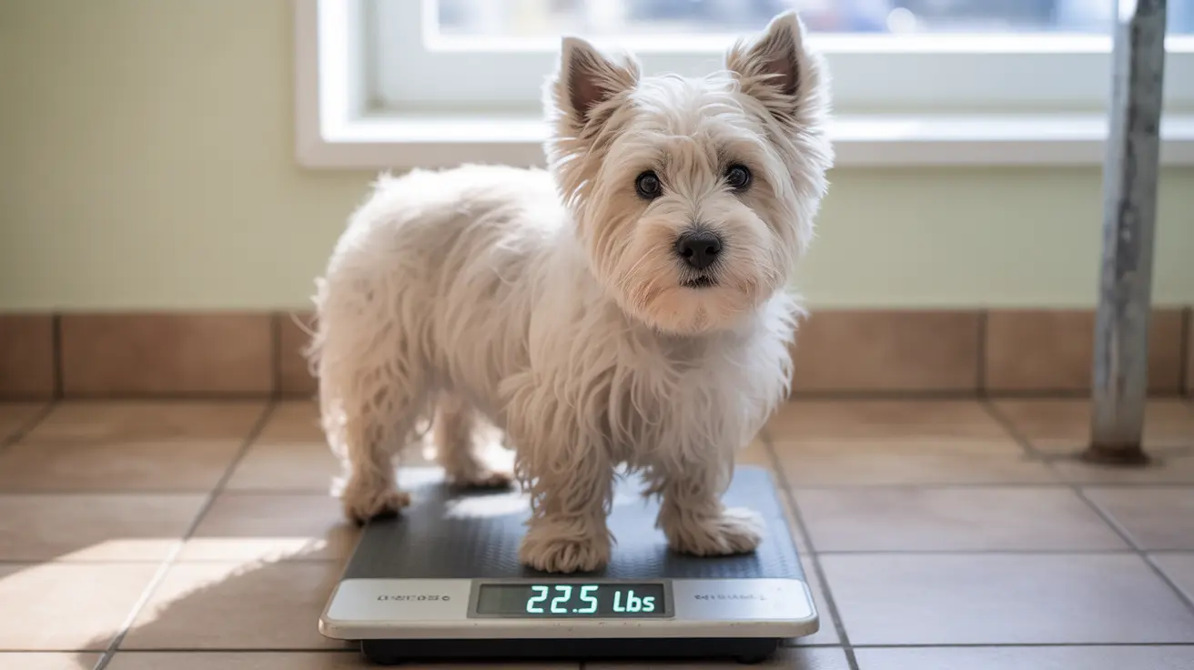 A fluffy white Westie standing on a digital scale, being weighed indoors